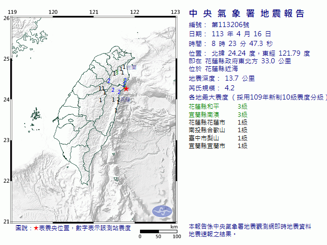 4月16日8時23分 規模 4.2 花蓮縣政府東北方  33.0  公里 (位於花蓮縣近海)