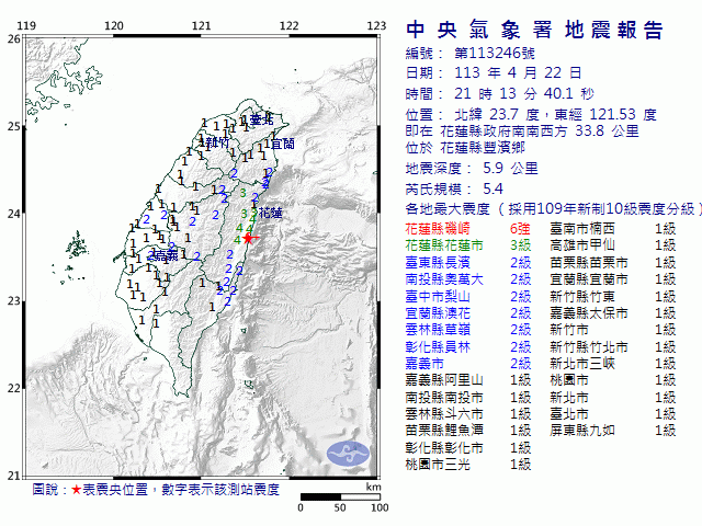 4月22日21時13分 規模 5.4 花蓮縣政府南南西方  33.8  公里 (位於花蓮縣豐濱鄉)