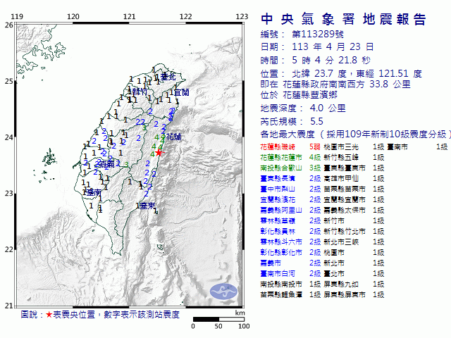 4月23日5時4分 規模 5.5 花蓮縣政府南南西方  33.8  公里 (位於花蓮縣豐濱鄉)