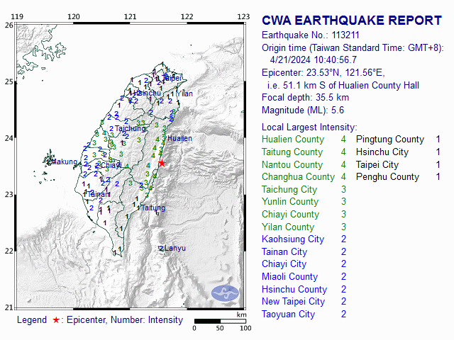 4月21日10時40分 規模 5.6 23.53N 121.56E, i.e. 51.1 km S of Hualien County
