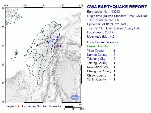 4月21日17時54分 規模 4.3 24.01N 121.74E, i.e. 12.7 km E of Hualien County
