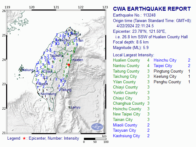 4/22 22:11 M<sub>L</sub> 5.9 23.78N 121.50E, i.e. 26.8 km SSW of Hualien County