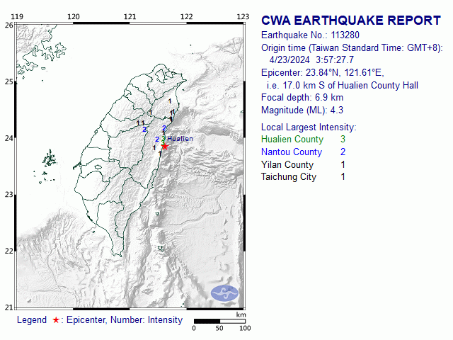 4/23 3:57 M<sub>L</sub> 4.3 23.84N 121.61E, i.e. 17.0 km S of Hualien County