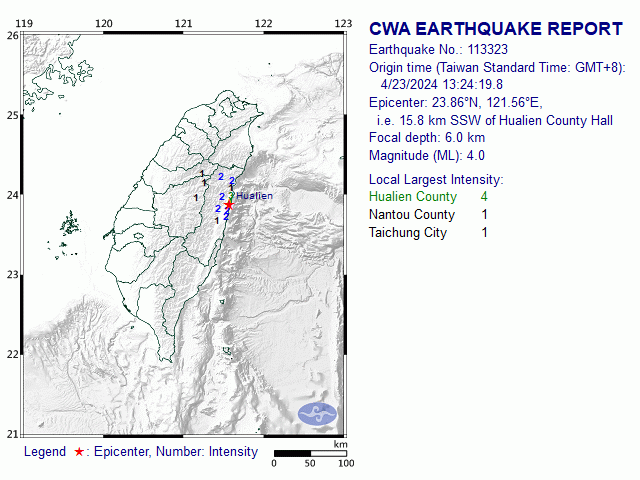 4/23 13:24 M<sub>L</sub> 4 23.86N 121.56E, i.e. 15.8 km SSW of Hualien County
