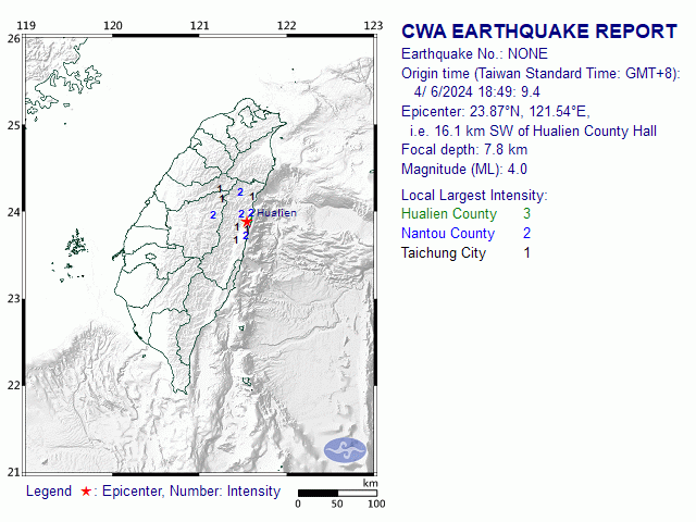 4/6 18:49 M<sub>L</sub> 4 23.87N 121.54E, i.e. 16.1 km SW of Hualien County