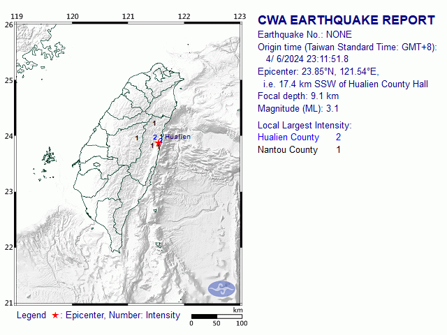 4/6 23:11 M<sub>L</sub> 3.1 23.85N 121.54E, i.e. 17.4 km SSW of Hualien County