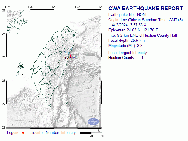 4/7 3:57 M<sub>L</sub> 3.3 24.03N 121.70E, i.e. 9.2 km ENE of Hualien County