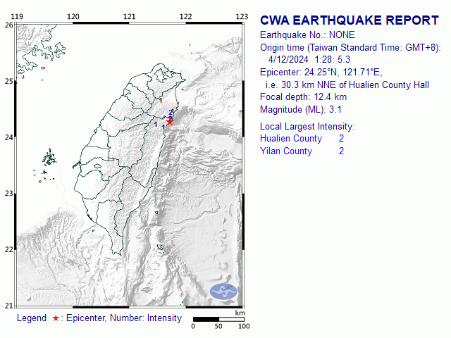 4/12 1:28 M<sub>L</sub> 3.1 24.25N 121.71E, i.e. 30.3 km NNE of Hualien County