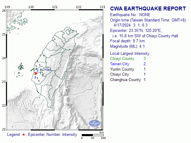 4/17 3:1 M<sub>L</sub> 4.1 23.35N 120.20E, i.e. 15.8 km SW of Chiayi County