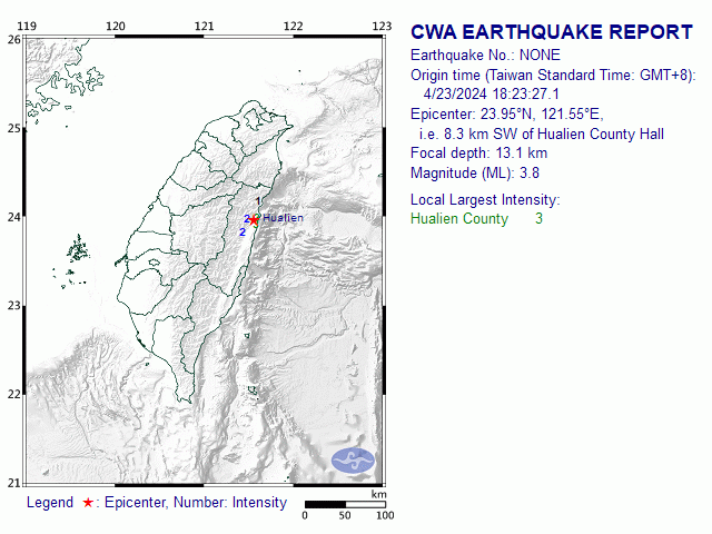 4/23 18:23 M<sub>L</sub> 3.8 23.95N 121.55E, i.e. 8.3 km SW of Hualien County
