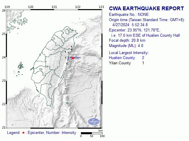4/27 5:52 M<sub>L</sub> 4 23.95N 121.78E, i.e. 17.0 km ESE of Hualien County