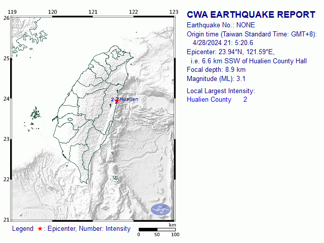4/28 21:5 M<sub>L</sub> 3.1 23.94N 121.59E, i.e. 6.6 km SSW of Hualien County