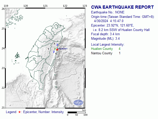 4/30 4:15 M<sub>L</sub> 3.4 23.92N 121.60E, i.e. 8.2 km SSW of Hualien County
