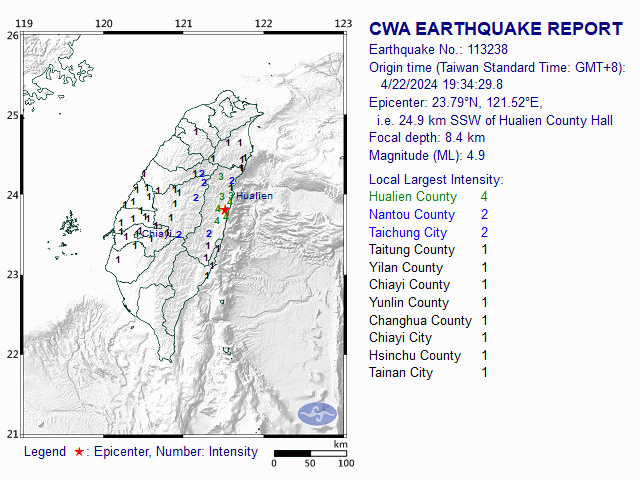 4/22 19:34 M<sub>L</sub> 4.9 23.79N 121.52E, i.e. 24.9 km SSW of Hualien County