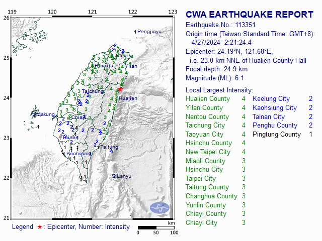 4/27 2:21 M<sub>L</sub> 6.1 24.19N 121.68E, i.e. 23.0 km NNE of Hualien County