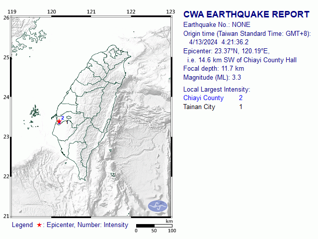 4/13 4:21 M<sub>L</sub> 3.3 23.37N 120.19E, i.e. 14.6 km SW of Chiayi County