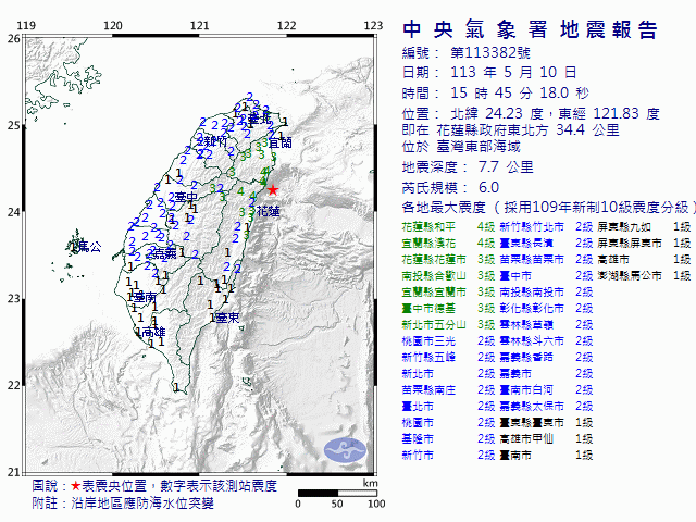 5月10日15時45分 規模 6 花蓮縣政府東北方  34.4  公里 (位於臺灣東部海域)