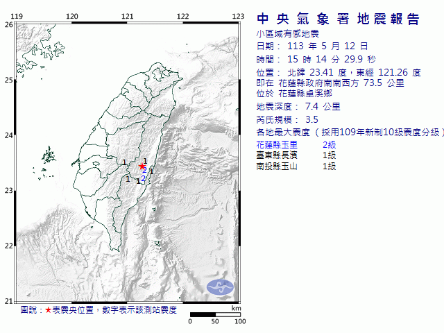 5月12日15時14分 規模 3.5 花蓮縣政府南南西方  73.5  公里 (位於花蓮縣卓溪鄉)