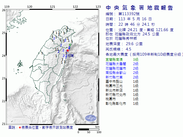 5月16日22時46分 規模 4.5 花蓮縣政府北方  24.5  公里 (位於花蓮縣秀林鄉)