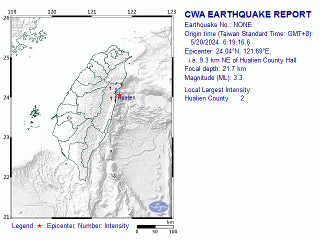 5/20 6:19 M<sub>L</sub> 3.3 24.04N 121.69E, i.e. 9.3 km NE of Hualien County