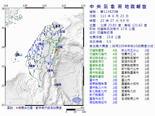 6月23日22時27分 規模 5.5 花蓮縣政府南方  17.6  公里 (位於花蓮縣近海)