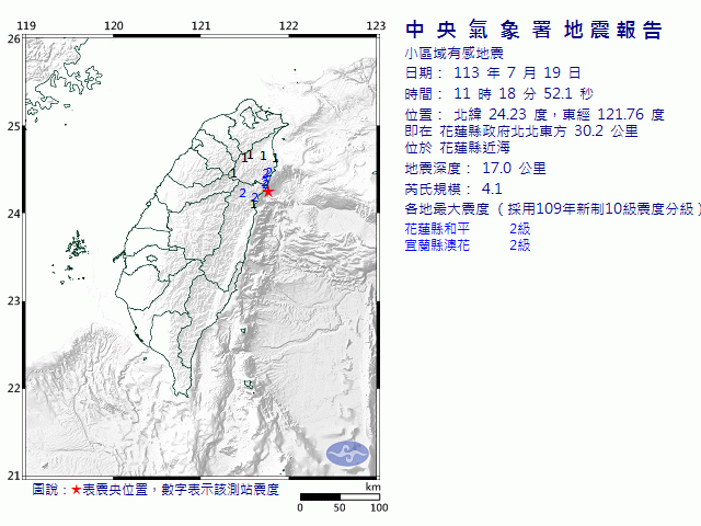 7月19日11時18分 規模 4.1 花蓮縣政府北北東方  30.2  公里 (位於花蓮縣近海)