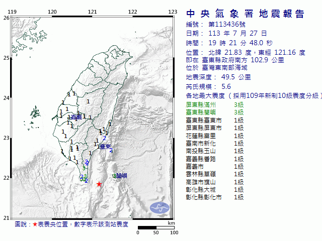 7月27日19時21分 規模 5.6 臺東縣政府南方  102.9  公里 (位於臺灣東南部海域)