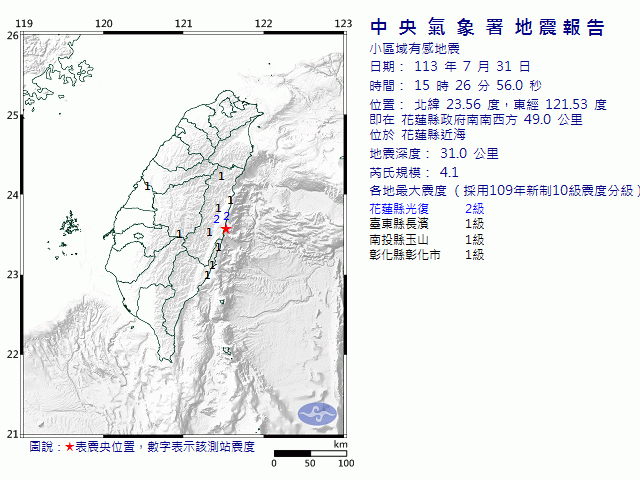 7月31日15時26分 規模 4.1 花蓮縣政府南南西方  49.0  公里 (位於花蓮縣近海)