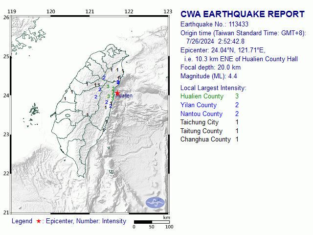 7/26 2:52 M<sub>L</sub> 4.4 24.04N 121.71E, i.e. 10.3 km ENE of Hualien County