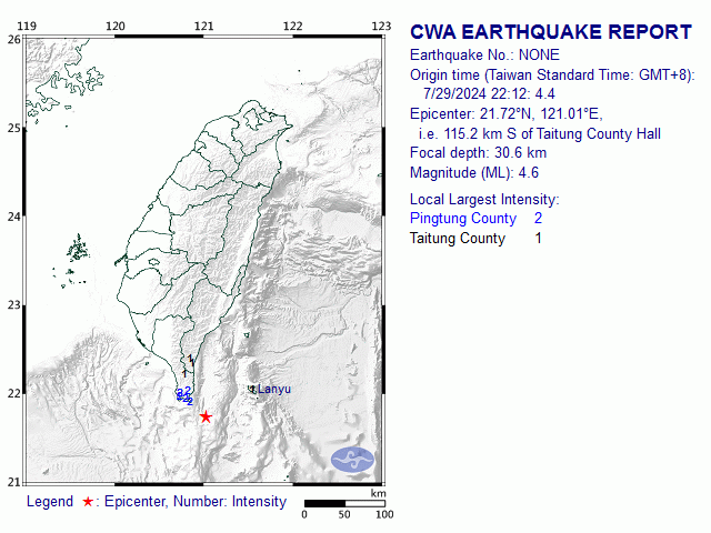 7/29 22:12 M<sub>L</sub> 4.6 21.72N 121.01E, i.e. 115.2 km S of Taitung County