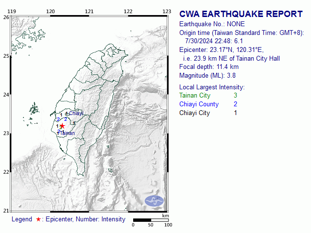 7/30 22:48 M<sub>L</sub> 3.8 23.17N 120.31E, i.e. 23.9 km NE of Tainan City