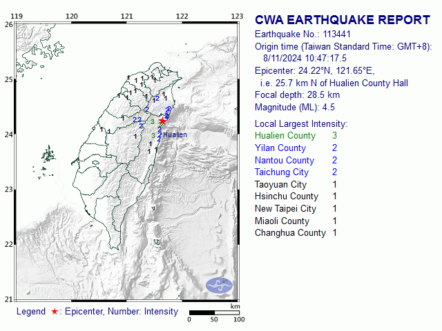 8月11日10時47分 規模 4.5 24.22N 121.65E, i.e. 25.7 km N of Hualien County