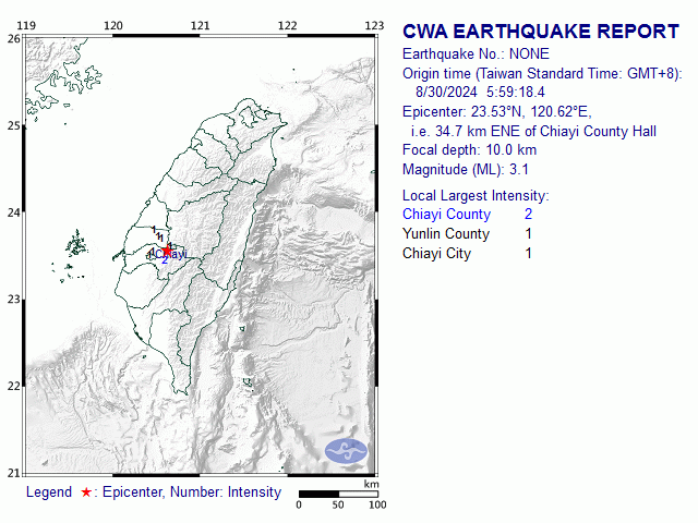 8/30 5:59 M<sub>L</sub> 3.1 23.53N 120.62E, i.e. 34.7 km ENE of Chiayi County