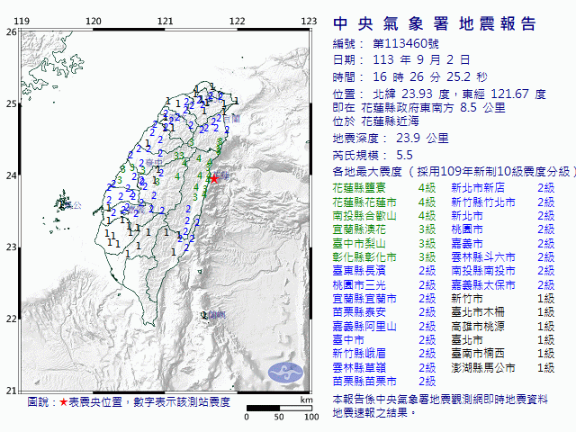 9月2日16時26分 規模 5.5 花蓮縣政府東南方  8.5  公里 (位於花蓮縣近海)