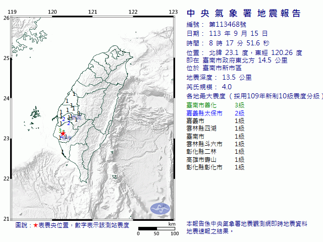 9月15日8時17分 規模 4 臺南市政府東北方  14.5  公里 (位於臺南市新市區)