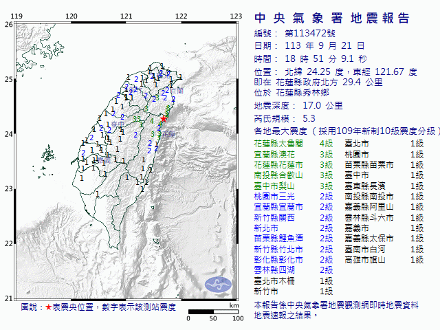 9月21日18時51分 規模 5.3 花蓮縣政府北方  29.4  公里 (位於花蓮縣秀林鄉)