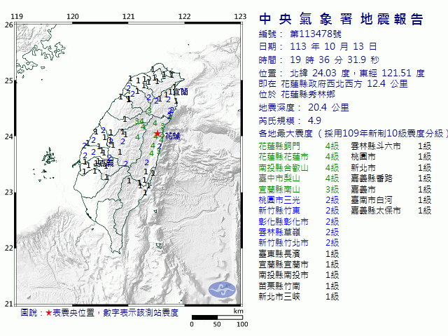 10月13日19時36分 規模 4.9 花蓮縣政府西北西方  12.4  公里 (位於花蓮縣秀林鄉)