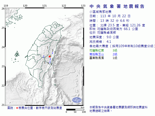 10月22日13時32分 規模 4.1 花蓮縣政府西南方  66.1  公里 (位於花蓮縣卓溪鄉)