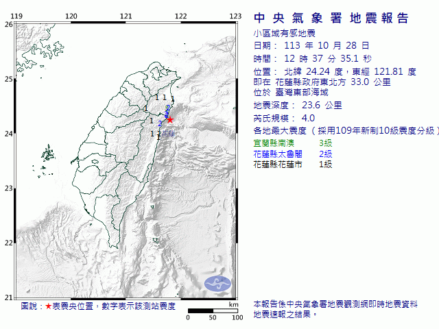 10月28日12時37分 規模 4 花蓮縣政府東北方  33.0  公里 (位於臺灣東部海域)