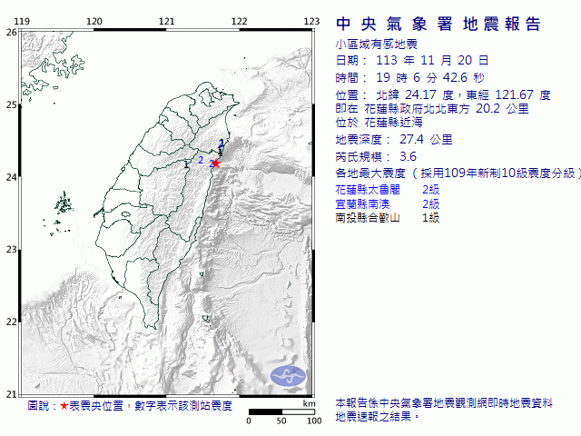 11月20日19時6分 規模 3.6 花蓮縣政府北北東方  20.2  公里 (位於花蓮縣近海)