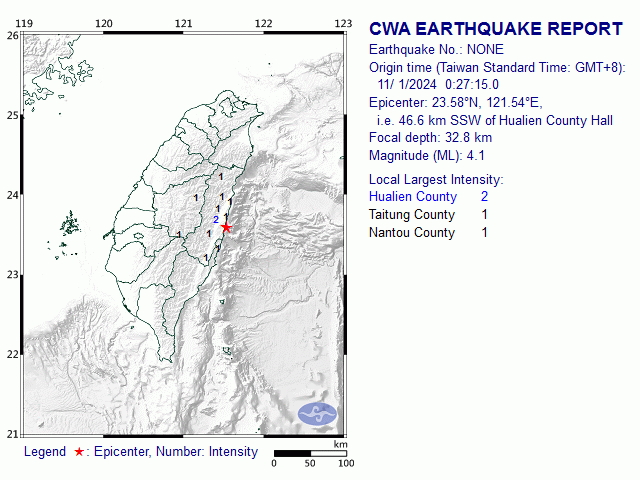 11月1日0時27分 規模 4.1 23.58N 121.54E, i.e. 46.6 km SSW of Hualien County