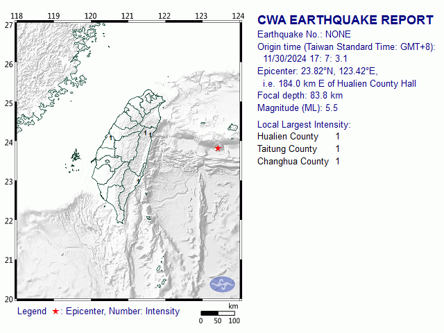 11/30 17:7 M<sub>L</sub> 5.5 23.82N 123.42E, i.e. 184.0 km E of Hualien County