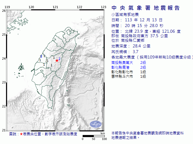 12月13日20時15分 規模 3.7 南投縣政府東方  37.5  公里 (位於南投縣仁愛鄉)