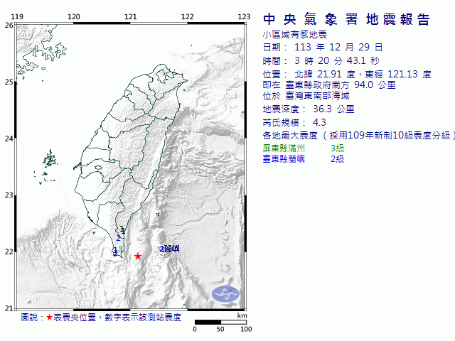 12月29日3時20分 規模 4.3 臺東縣政府南方  94.0  公里 (位於臺灣東南部海域)