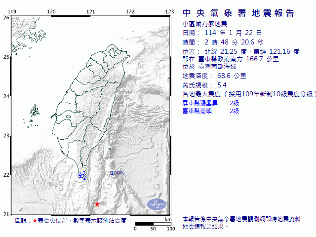 1月22日2時48分 規模 5.4 臺東縣政府南方  166.7  公里 (位於臺灣南部海域)