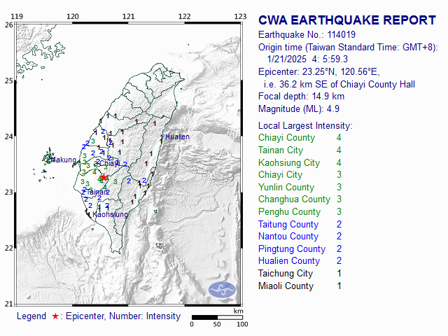 1/21 4:5 M<sub>L</sub> 4.9 23.25N 120.56E, i.e. 36.2 km SE of Chiayi County