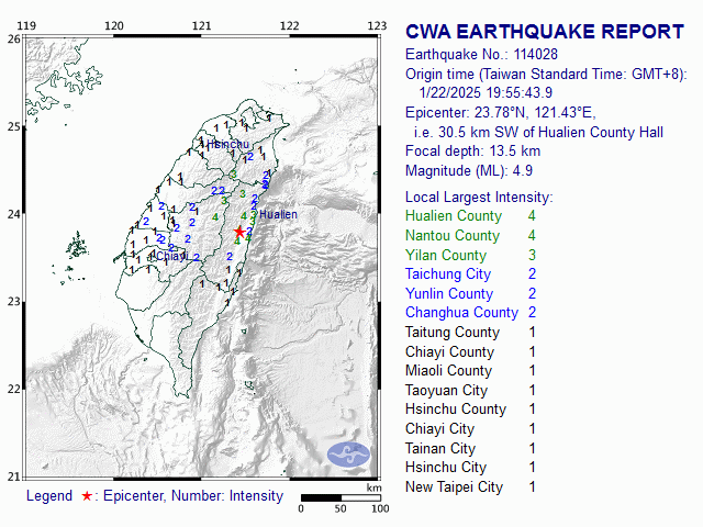 1/22 19:55 M<sub>L</sub> 4.9 23.78N 121.43E, i.e. 30.5 km SW of Hualien County