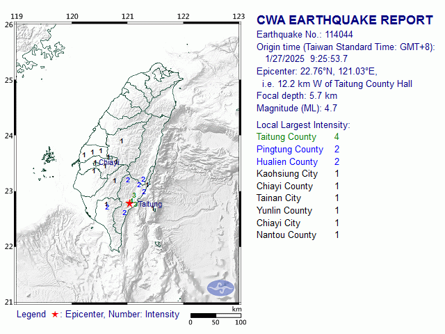 1/27 9:25 M<sub>L</sub> 4.7 22.76N 121.03E, i.e. 12.2 km W of Taitung County