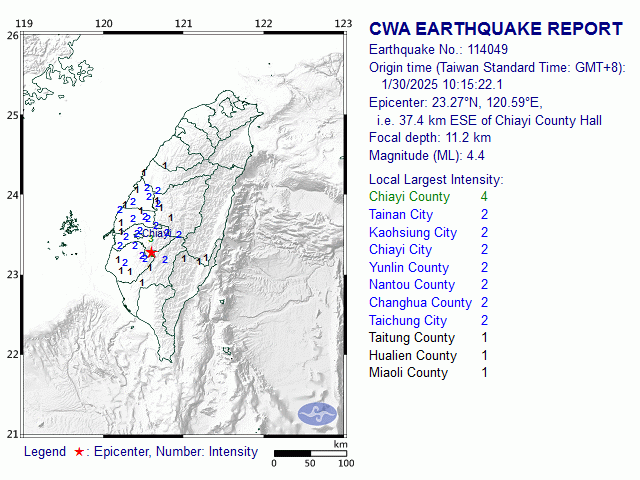 1/30 10:15 M<sub>L</sub> 4.4 23.27N 120.59E, i.e. 37.4 km ESE of Chiayi County