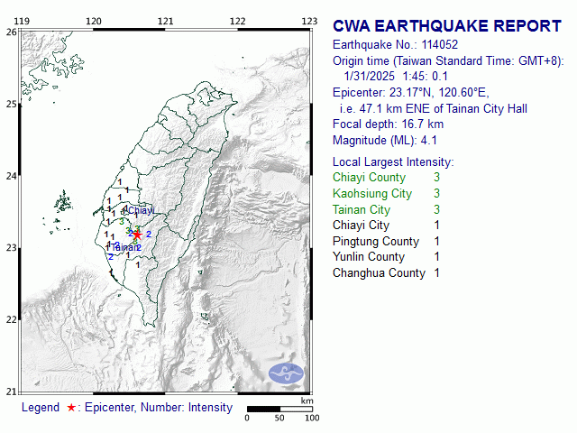 1/31 1:45 M<sub>L</sub> 4.1 23.17N 120.60E, i.e. 47.1 km ENE of Tainan City